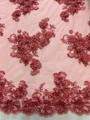 3D Flowers and Rhinestone - Coral - Elegant Realistic Flowers Embroidered On Lace Fabric By Yard