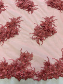 3D Floral Clusters with Rhinestone - Coral - Embroidered Flowers Beads On Lace Yard
