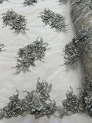 3D Floral Clusters with Rhinestone - Silver Embroidered Flowers Beads On Lace Yard
