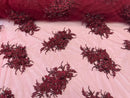 3D Floral Clusters with Rhinestone - Burgundy Embroidered Flowers Beads On Lace Yard