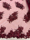 3D Floral Clusters with Rhinestone - Burgundy Embroidered Flowers Beads On Lace Yard