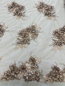 3D Floral Clusters with Rhinestone - Light Brown Black Thread Embroidered Flowers Beads On Lace Yard