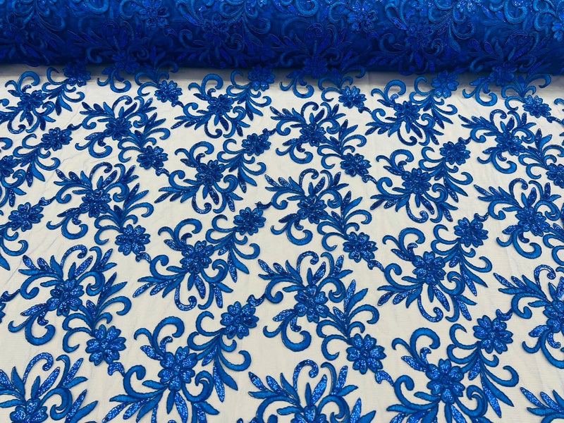 Small Flower Fabric - Royal Blue - Floral Plant Embroidered Design on Lace Mesh By Yard
