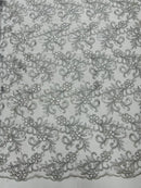 Small Flower Fabric - Silver - Floral Plant Embroidered Design on Lace Mesh By Yard