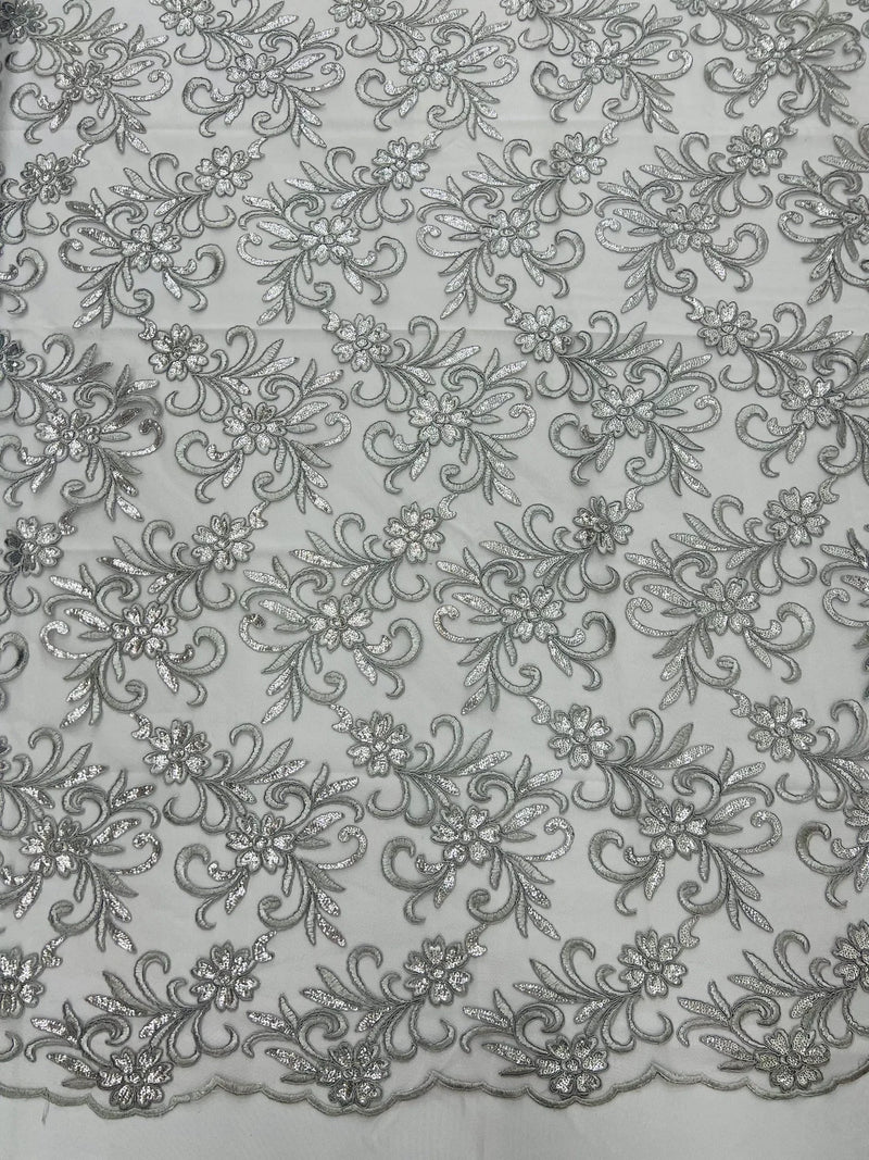 Small Flower Fabric - Silver - Floral Plant Embroidered Design on Lace Mesh By Yard