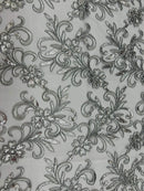 Small Flower Fabric - Silver - Floral Plant Embroidered Design on Lace Mesh By Yard