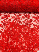 Small Flower Fabric - Red - Floral Plant Embroidered Design on Lace Mesh By Yard