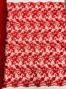 Small Flower Fabric - Red - Floral Plant Embroidered Design on Lace Mesh By Yard