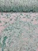 Small Flower Fabric - Mint - Floral Plant Embroidered Design on Lace Mesh By Yard