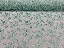 Small Flower Fabric - Mint - Floral Plant Embroidered Design on Lace Mesh By Yard