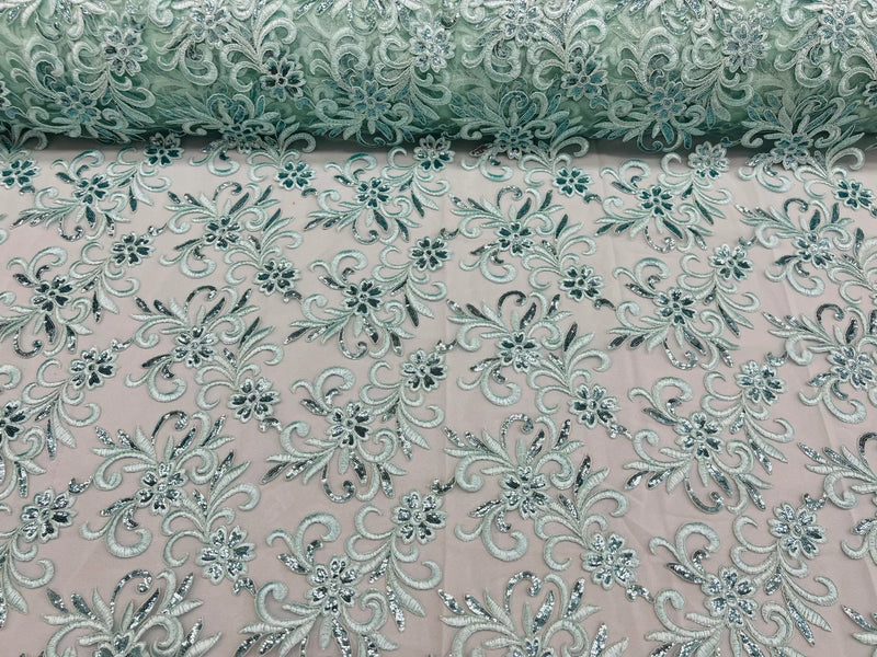 Small Flower Fabric - Mint - Floral Plant Embroidered Design on Lace Mesh By Yard