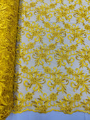 Small Flower Fabric - Yellow - Floral Plant Embroidered Design on Lace Mesh By Yard