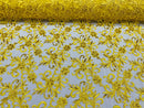 Small Flower Fabric - Yellow - Floral Plant Embroidered Design on Lace Mesh By Yard