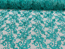 Small Flower Fabric - Jade - Floral Plant Embroidered Design on Lace Mesh By Yard