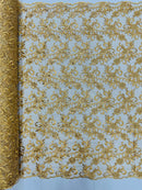 Small Flower Fabric - Gold - Floral Plant Embroidered Design on Lace Mesh By Yard
