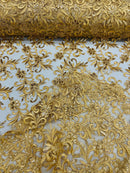 Small Flower Fabric - Gold - Floral Plant Embroidered Design on Lace Mesh By Yard