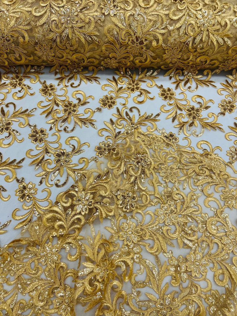 Small Flower Fabric - Gold - Floral Plant Embroidered Design on Lace Mesh By Yard