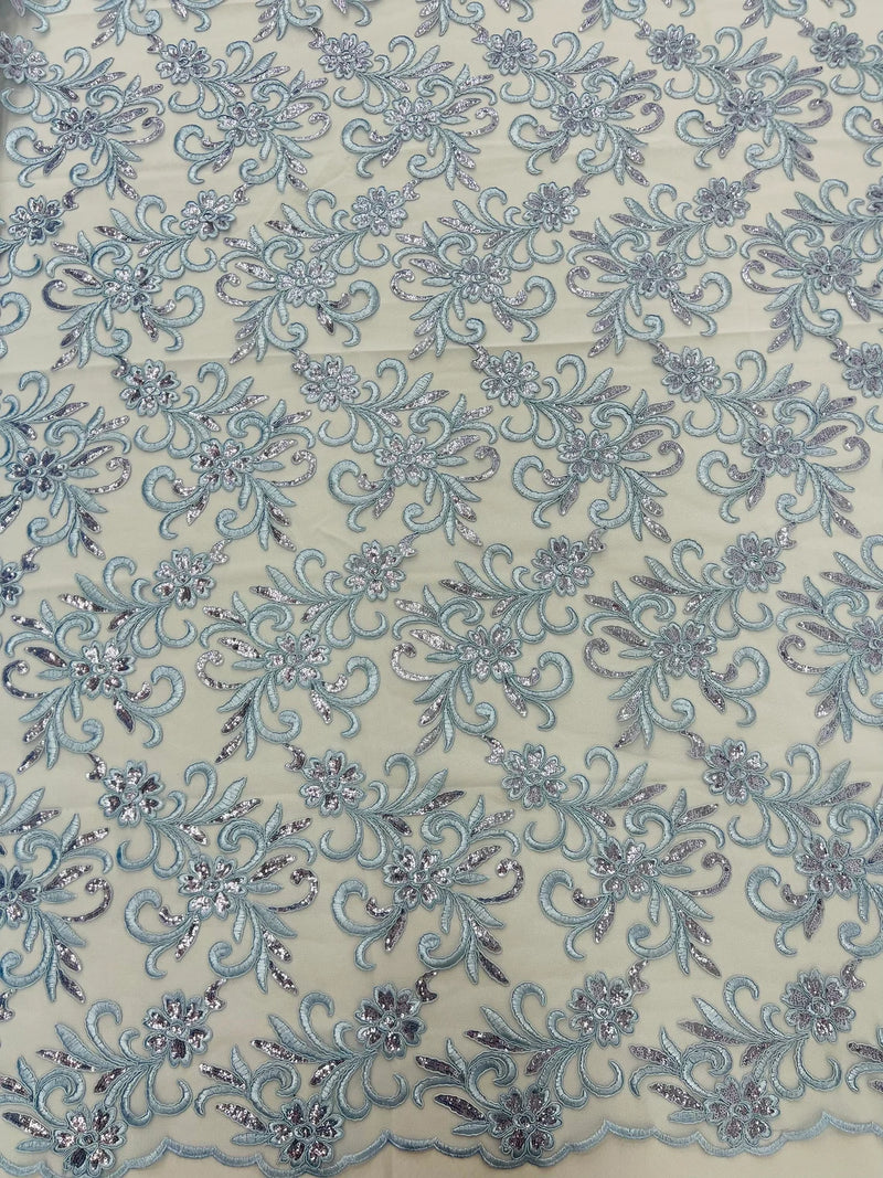 Small Flower Fabric - Blue - Floral Plant Embroidered Design on Lace Mesh By Yard