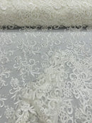 Small Flower Fabric - Ivory - Floral Plant Embroidered Design on Lace Mesh By Yard