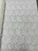 Small Flower Fabric - Ivory - Floral Plant Embroidered Design on Lace Mesh By Yard