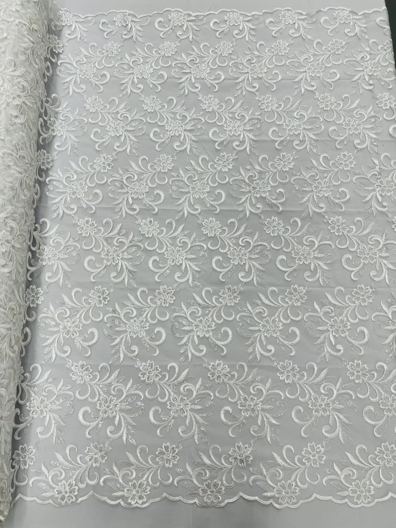 Small Flower Fabric - White - Floral Plant Embroidered Design on Lace Mesh By Yard