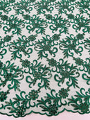 Small Flower Fabric - Hunter Green - Floral Plant Embroidered Design on Lace Mesh By Yard