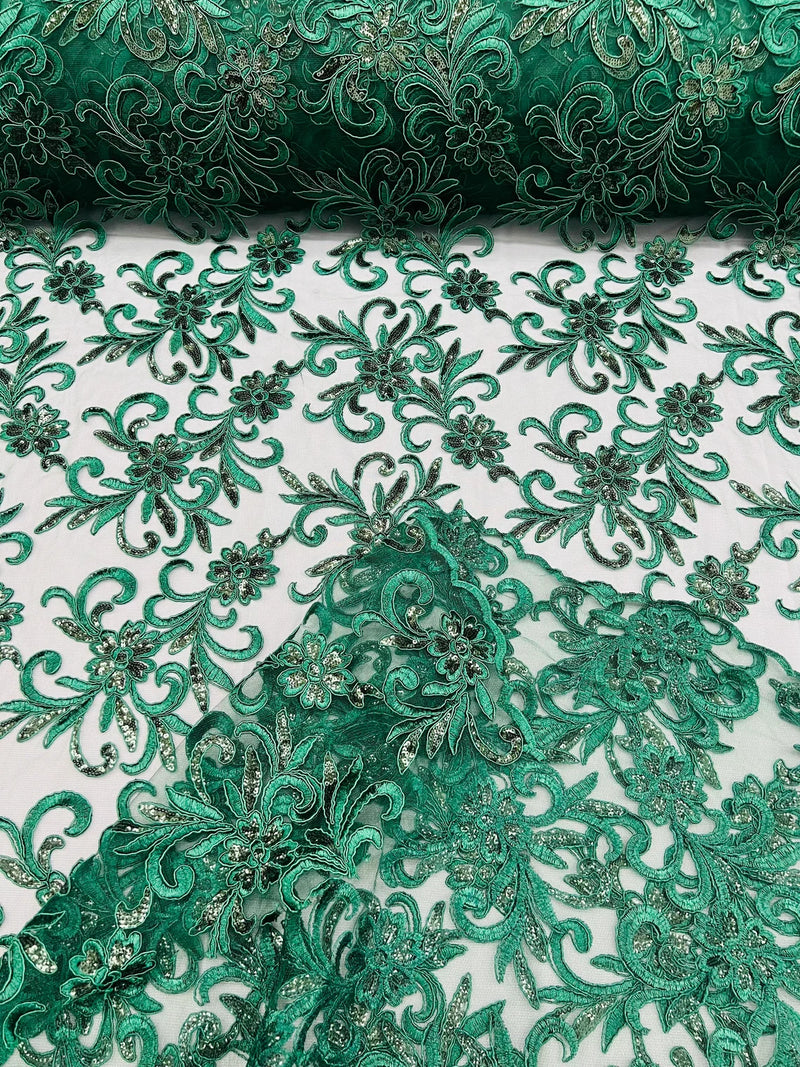 Small Flower Fabric - Hunter Green - Floral Plant Embroidered Design on Lace Mesh By Yard