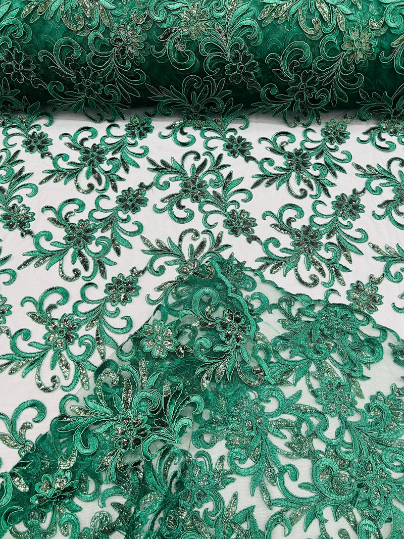 Small Flower Fabric - Hunter Green - Floral Plant Embroidered Design o