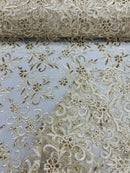 Small Flower Fabric - Ivory / Gold - Floral Plant Embroidered Design on Lace Mesh By Yard