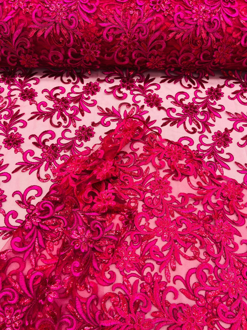 Small Flower Fabric - Fuschia - Floral Plant Embroidered Design on Lace Mesh By Yard