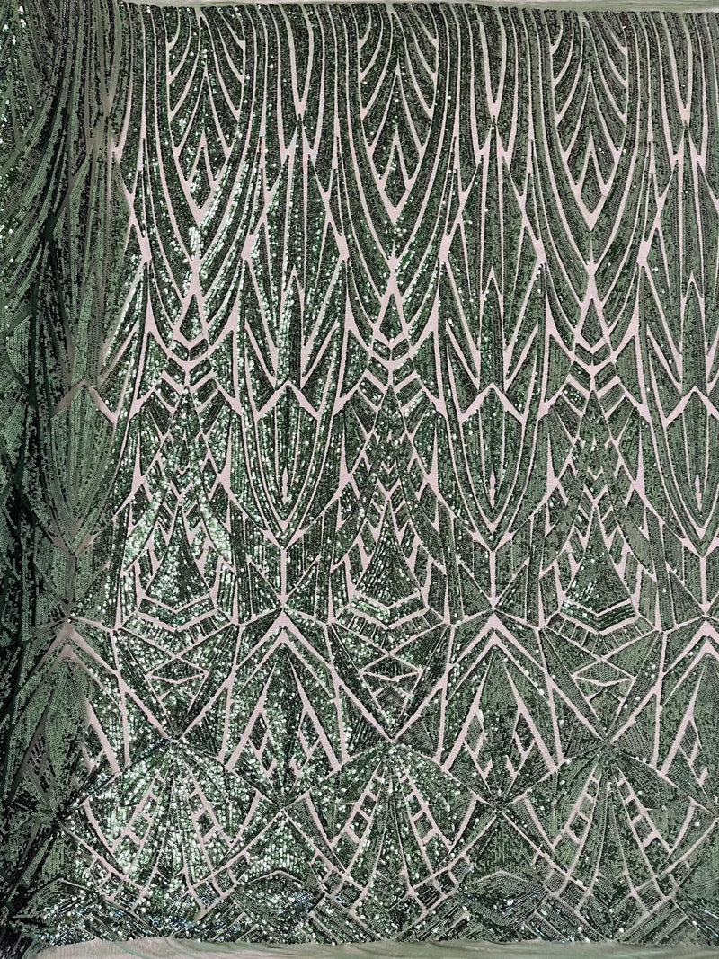 Geometric Fabric - Hunter Green - Geometric Sequins Pattern Design 4 Way Stretch Sold By Yard