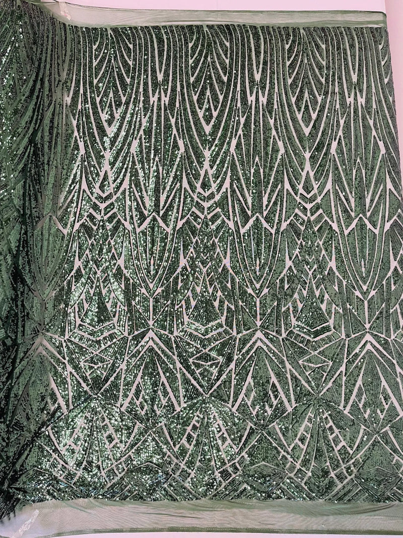 Geometric Fabric - Hunter Green - Geometric Sequins Pattern Design 4 Way Stretch Sold By Yard