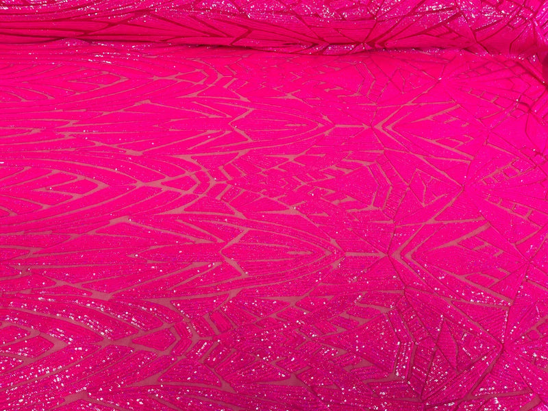 Geometric Fabric - Hot Pink - Geometric Sequins Pattern Design 4 Way Stretch Sold By Yard