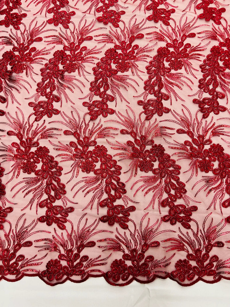 Floral Plant Cluster Fabric - Burgundy - Embroidered High Quality Lace Fabric Sold by Yard
