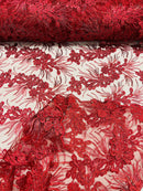 Floral Plant Cluster Fabric - Burgundy - Embroidered High Quality Lace Fabric Sold by Yard