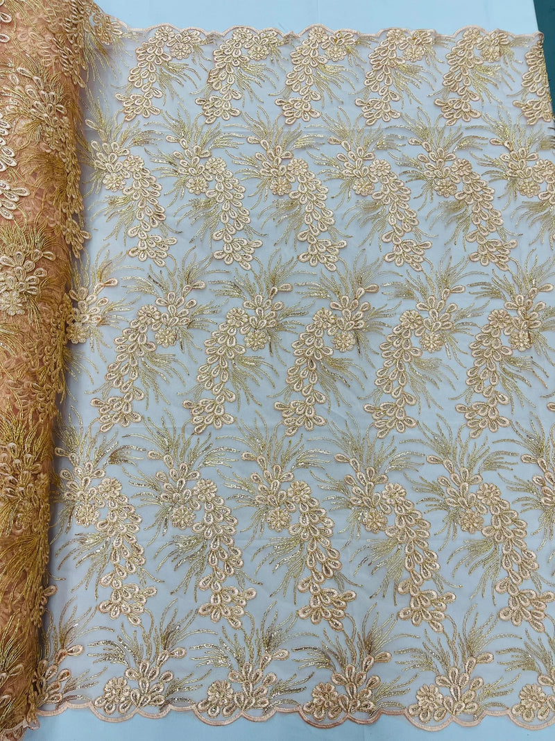 Floral Plant Cluster Fabric - Light Coral - Embroidered High Quality Lace Fabric Sold by Yard
