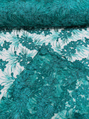 Floral Plant Cluster Fabric - Jade - Embroidered High Quality Lace Fabric Sold by Yard