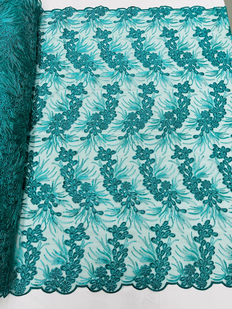 Floral Plant Cluster Fabric - Jade - Embroidered High Quality Lace Fabric Sold by Yard