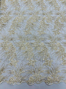 Floral Plant Cluster Fabric - Ivory / Gold - Embroidered High Quality Lace Fabric Sold by Yard