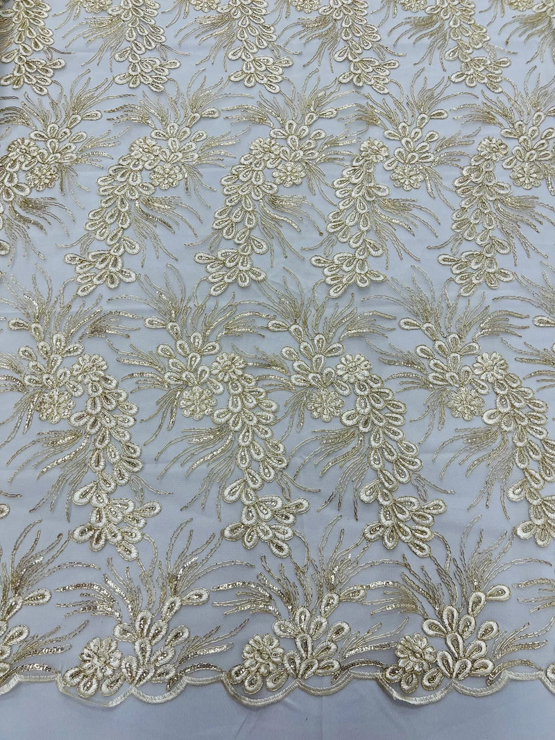 Floral Plant Cluster Fabric - Ivory / Gold - Embroidered High Quality Lace Fabric Sold by Yard