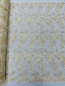 Floral Plant Cluster Fabric - Ivory / Gold - Embroidered High Quality Lace Fabric Sold by Yard