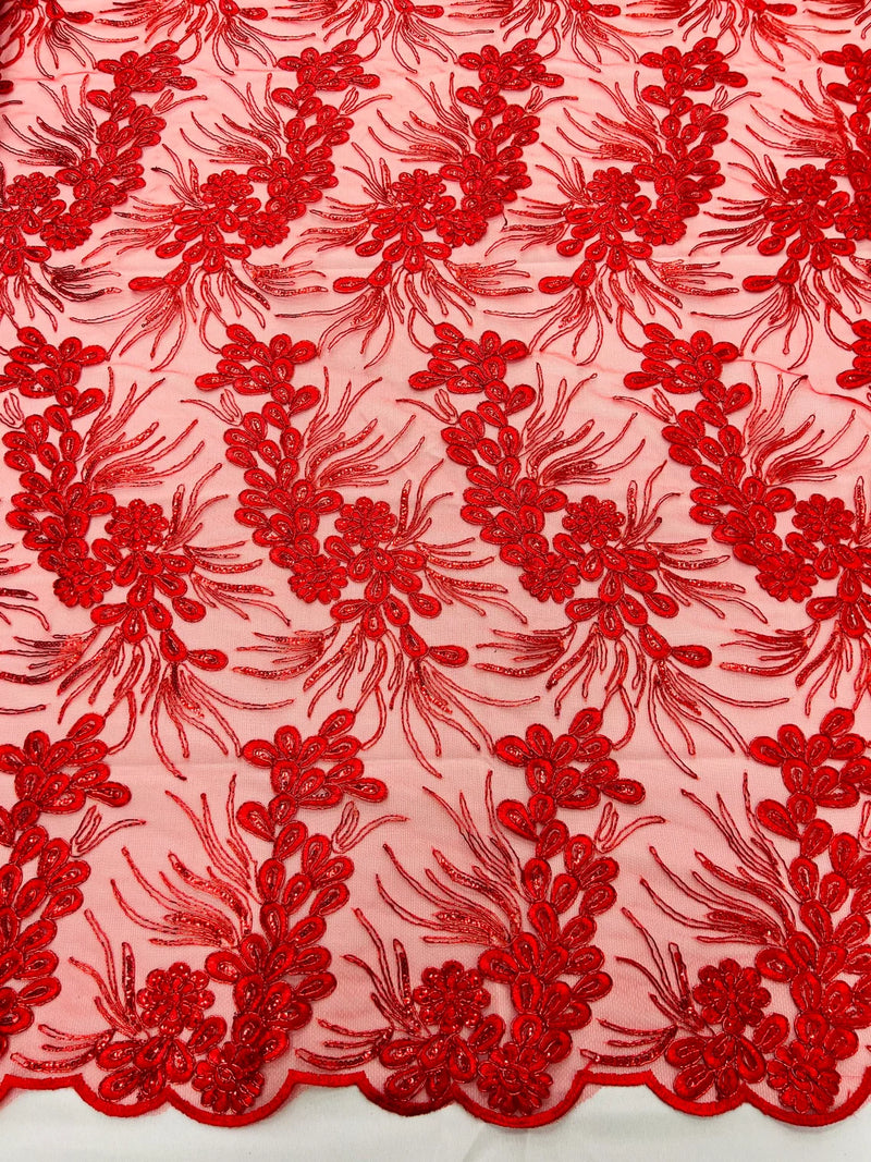 Floral Plant Cluster Fabric - Red - Embroidered High Quality Lace Fabric Sold by Yard