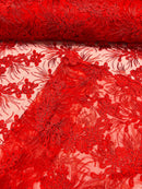 Floral Plant Cluster Fabric - Red - Embroidered High Quality Lace Fabric Sold by Yard