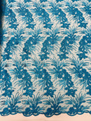 Floral Plant Cluster Fabric - Turquoise - Embroidered High Quality Lace Fabric Sold by Yard