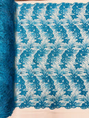 Floral Plant Cluster Fabric - Turquoise - Embroidered High Quality Lace Fabric Sold by Yard