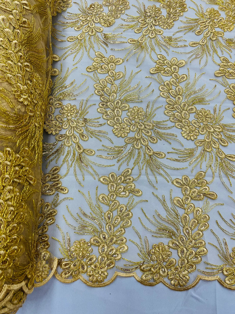 Floral Plant Cluster Fabric - Gold - Embroidered High Quality Lace Fabric Sold by Yard
