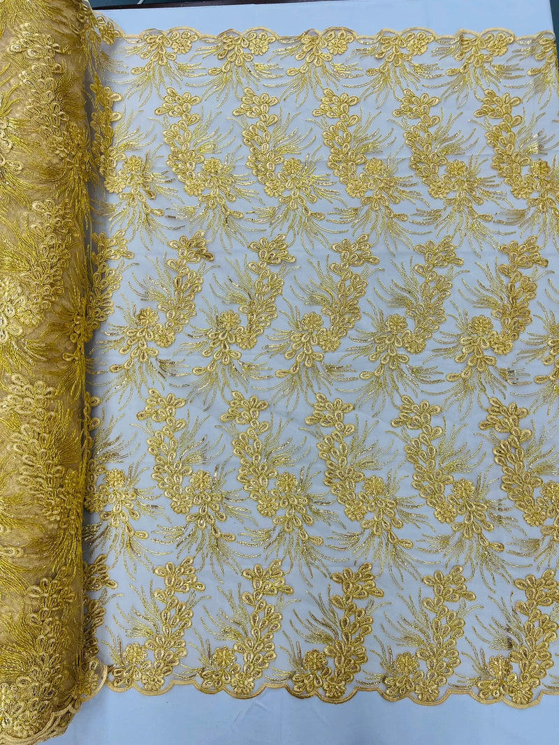 Floral Plant Cluster Fabric - Gold - Embroidered High Quality Lace Fabric Sold by Yard