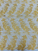 Floral Plant Cluster Fabric - Gold - Embroidered High Quality Lace Fabric Sold by Yard