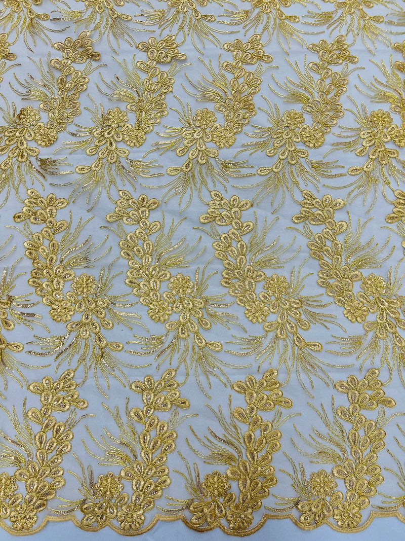 Floral Plant Cluster Fabric - Gold - Embroidered High Quality Lace Fabric Sold by Yard