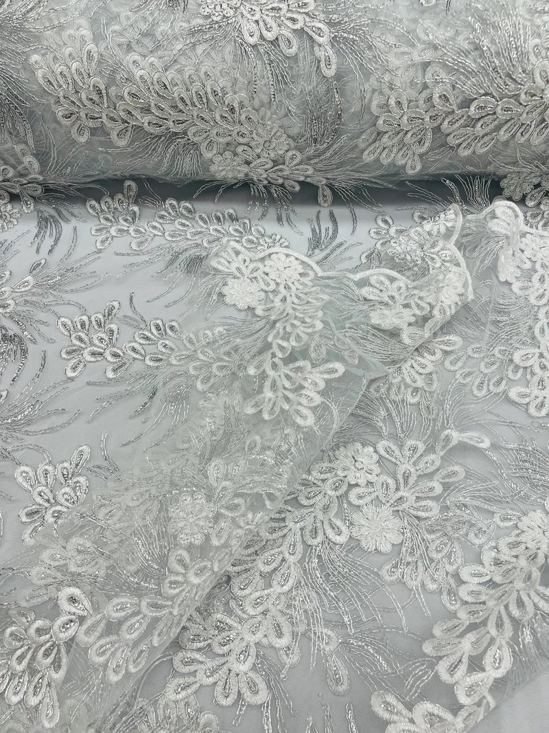 Floral Plant Cluster Fabric - White / Silver - Embroidered High Quality Lace Fabric Sold by Yard